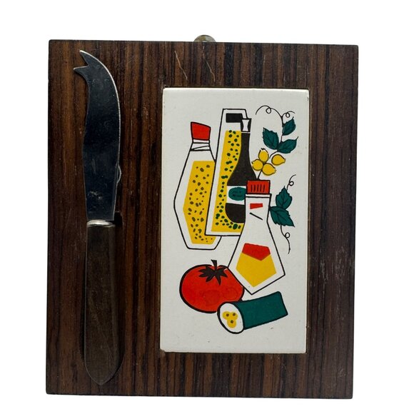 Vintage MCM Kitchen Wall Mounted Knife Holder Retro Food Graphics Ceramic Tile - Picture 1 of 4